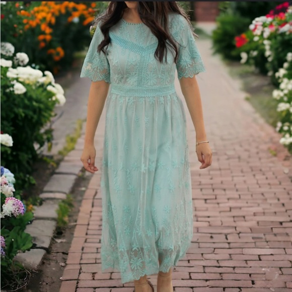 Mint Green Lace Overlay Coquette Cottagecore Embroidered Fairy Midi Dress Size M - Picture 6 of 13